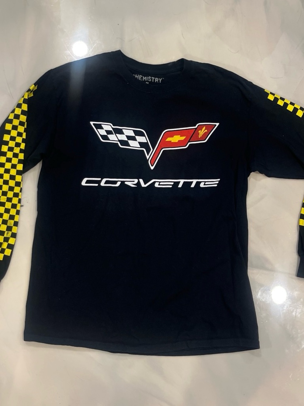 Chemistry Black Corvette Long-Sleeve Tee with Yellow Checkered Sleeves